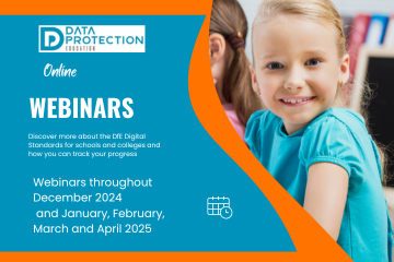 Data protection education logo, then online webinars throughout October, November and December in white text on a blue background