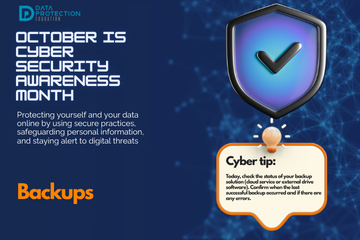 "A graphic announcing 'October is Cyber Security Awareness Month,' with text explaining the importance of creating a cyber emergency contact list in preparation for a cyber attack. It also includes a 'Cyber tip' to assess passwords, turn on MFA, and review critical accounts, especially email. A shield icon with a checkmark and a lightbulb icon are visible."