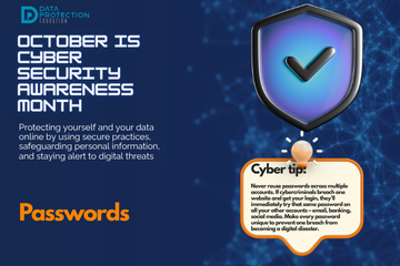 "A graphic announcing 'October is Cyber Security Awareness Month,' with text explaining the importance of creating a cyber emergency contact list in preparation for a cyber attack. It also includes a 'Cyber tip' to assess passwords, turn on MFA, and review critical accounts, especially email. A shield icon with a checkmark and a lightbulb icon are visible."