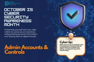"A graphic announcing 'October is Cyber Security Awareness Month,' with text explaining the importance of creating a cyber emergency contact list in preparation for a cyber attack. It also includes a 'Cyber tip' to assess passwords, turn on MFA, and review critical accounts, especially email. A shield icon with a checkmark and a lightbulb icon are visible."