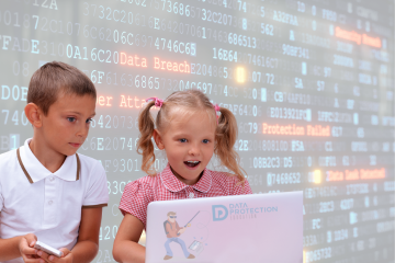 Young boy and girl looking at a laptop. Computer code in the back ground with cyber attack in orange. Data protection education logo