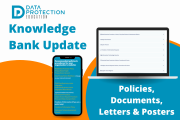 orange and blue circles.  Computer screen with policies page and iphone with more policies list.  Policies, Documents, Letters and posters in white text on a blue background.  Knowledge Bank update in blue text. Data protection education logo.