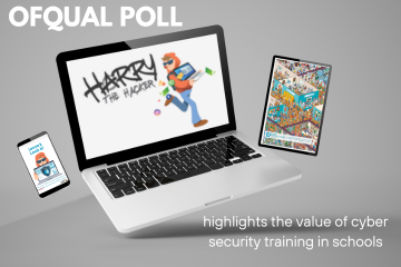 Ofqual poll in white text on grey background, also highlights the value of cyber security training in schools/  Harry the Hacker logo on a laptop screen. Where's Happy on a table screen. Leave it! Lockit poster on a mobile phone