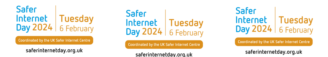 Safer Internet Day in blue text, Tuesday 6 February 2024 in orange text, saferinternetday.org.uk in black text