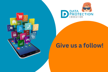 mobile phone with emojis coming out of it on a blue background. Give us a follow! in navy text on an orange background. Data protection education logo with  harry the hacker peering over the top