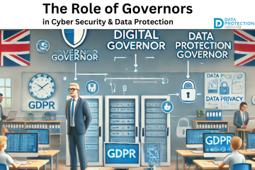 AI generate image of governors in a UK school classroom looking. Data privacy and GDPR signs around. Data Protection Education logo.