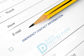 Emergency contact information sheet with a yellow pencil above it, Data protection education logo on the sheet