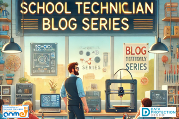 AI generated image of school technician blog series in text with a school classroom scene below. ANME logo and Data Protection Education logo