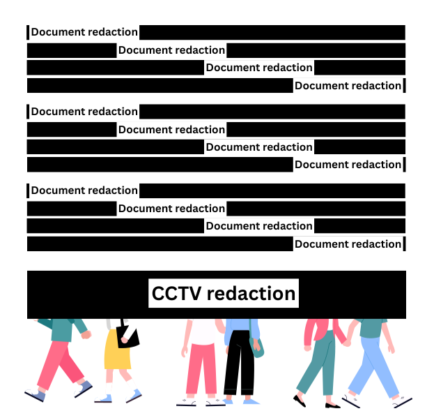 Data Protection Education SAR amd CCTV Redaction An illustration depicting a large, watchful blue eye at the top, symbolizing surveillance or CCTV monitoring. Below the eye, there is a group of four diverse human figures walking. A thick, opaque black bar covers the upper torsos and heads of these figures, representing the redaction of identifying information for privacy. Below the image, the text reads