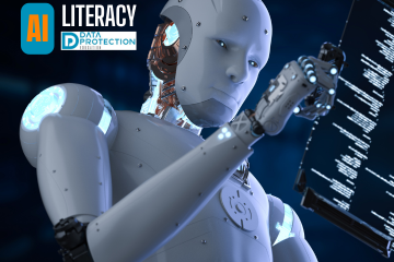 Photo of a white humanoid robot looking at a tablet screen with text. AI in orange letters on blue background. Literacy in white text on black background. Data Protection Education logo below the word Literacy