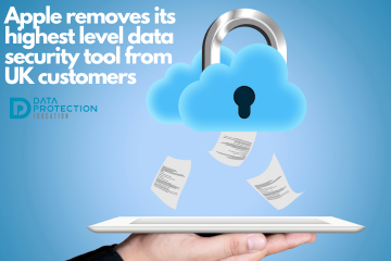 Photo of a blue cloud that is part of a silver padlock above a tablet being held in someone's hand, documents are flying up to the cloud. In white text: Apple remove its highest level data security tool from UK customers. Data protection education logo