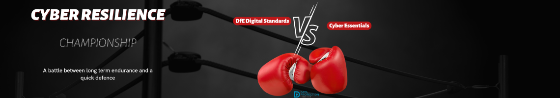 Photo of red boxing gloves.  White text that says cyber resilience championship. DfE Digital Standards vs Cyber Essentials. Data Protection Education Logo