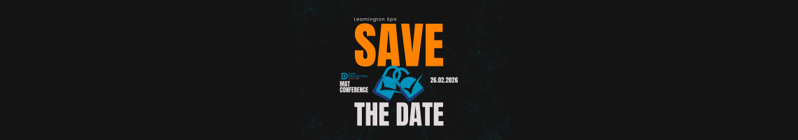 Save the date 26.02.2026 Data Protection Education MAT conference. Orange and white text on a black background. Two blue padlocks with check marks