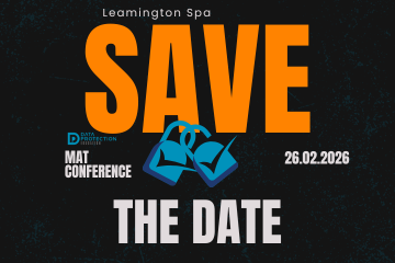 Save the date 26.02.2026 Data Protection Education MAT conference. Orange and white text on a black background. Two blue padlocks with check marks