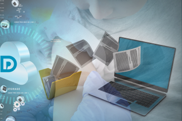 Image of a laptop with papers and folders flying into it. Transparent photo of a child with a plaster on their arm in the background. Data Protection Education logo on the cloud