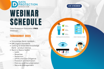 Image with webinar schedule and screen shot of DPE website. Data Protection Education logo