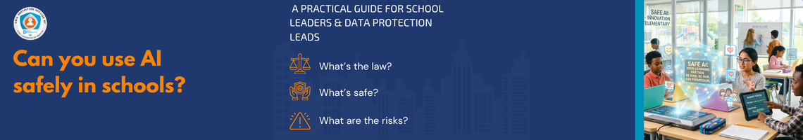 Graphic symbolizing safe AI implementation, data protection, and responsible use of generative AI tools in schools.